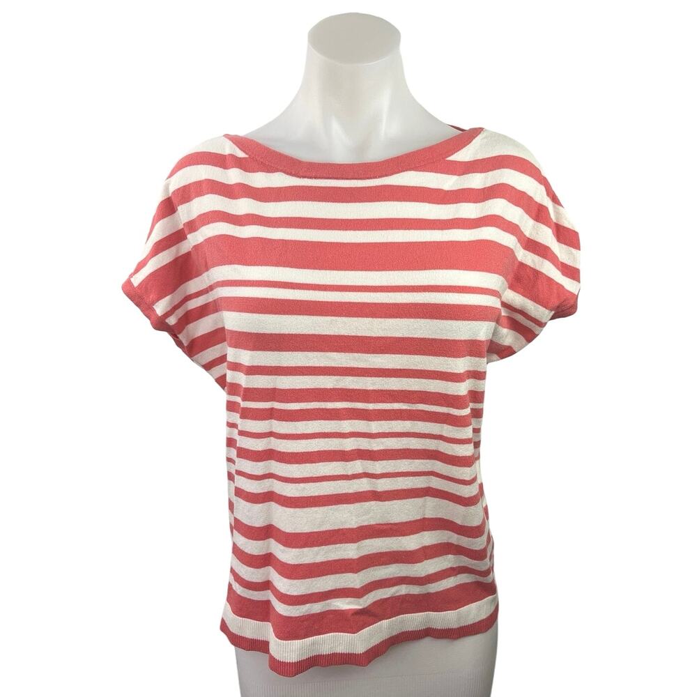 Ann Taylor LOFT Women's Pink Striped Short Sleeve Strappy Back Blouse Tee Top M